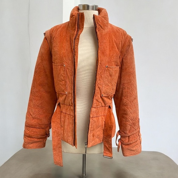 VTG Suede Leather Embossed Flame Belted Coat Jacket In Burnt Orange Y2K - Picture 4 of 8